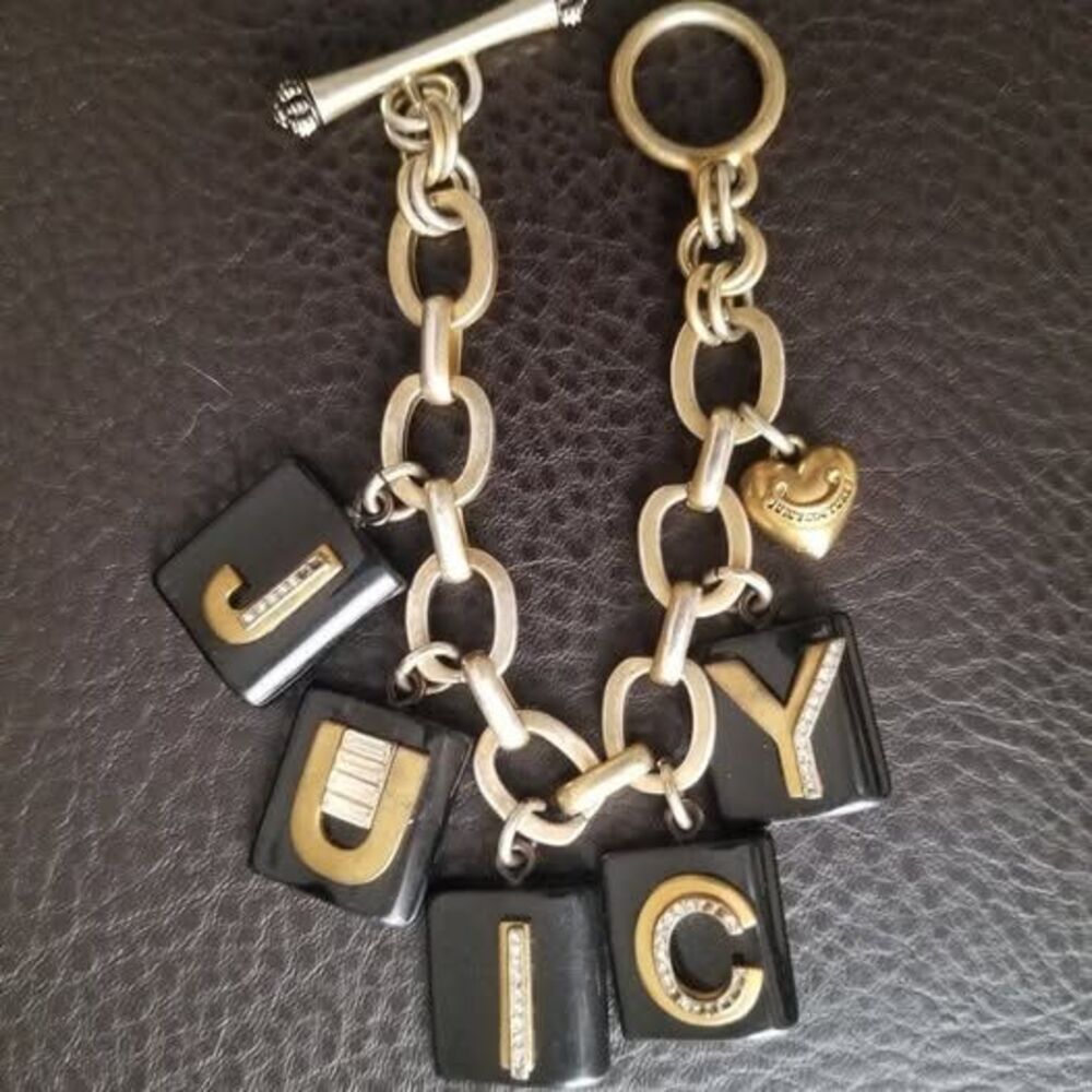 RARE Find Vintage Juicy Couture Gold Bracelet with Black Tile charms